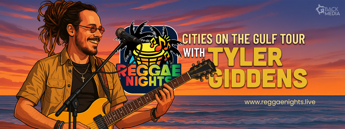 Illustrated poster for Reggae Nights “Cities on the Gulf Tour” featuring Tyler Giddens playing guitar and singing against a Gulf Coast sunset