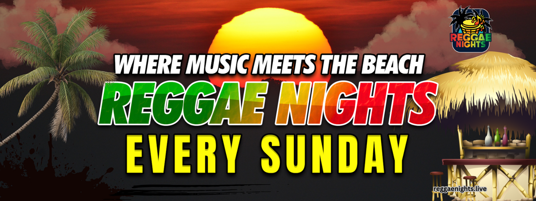 Reggae Nights Every Sunday on Fort Myers Beach – Live reggae music event with beachside crowd, palm trees, and tropical sunset