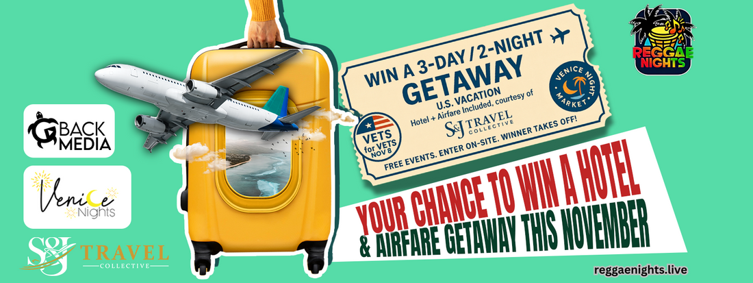 Win a 3-day, 2-night U.S. getaway with hotel and airfare from SJ Travel Collective at Venice Nights and Reggae Nights events this November.