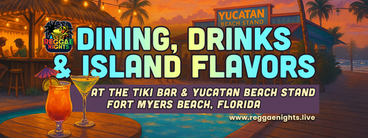 Digital art of Fort Myers Beach at sunset featuring the Tiki Bar and Yucatan Beach Stand