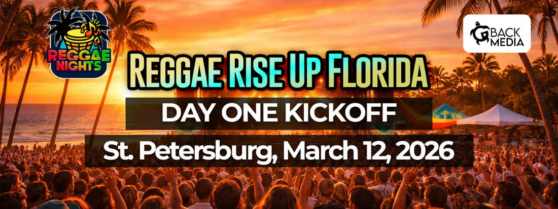 Reggae Rise Up Florida Day One Kickoff at Vinoy Park in St. Petersburg on March 12, 2026 with a large sunset crowd, palm trees, and tropical waterfront festival atmosphere.